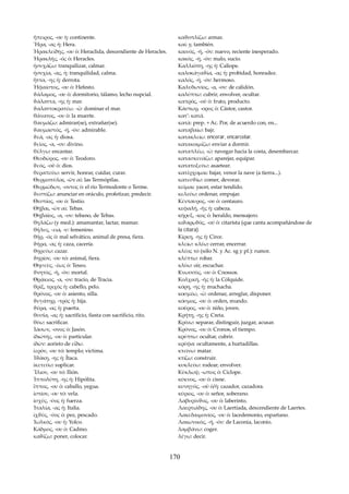 ἥπειρος, -ου ἡ: continente. 
Ἥρα, -ας ἡ: Hera. 
Ἡρακλείδης, -ου ὁ: Heraclida, descendiente de Heracles. 
Ἡρακλῆς, -ός ὁ: Heracles. 
ἡσυχάζω: tranquilizar, calmar. 
ἡσυχία, -ας, ἡ: tranquilidad, calma. 
ἣττα, -ης ἡ: derrota. 
Ἡφαίστος, -ου ὁ: Hefesto. 
ϑάλαμος, -ου ὁ: dormitorio, tálamo, lecho nupcial. 
ϑάλαττα, -ης ἡ: mar. 
ϑαλαττοκρατέω. -ῶ: dominar el mar. 
θάνατος, -ου ὁ: la muerte. 
θαυμάζω: admirar(se), extrañar(se). 
ϑαυμαστός, -ή, -όν: admirable. 
ϑεά, -ας ἡ: diosa. 
ϑεῖος, -α, -ον: divino. 
θέλγω: encantar. 
Θεοδώρος, -ου ὁ: Teodoro. 
ϑεός, -οῦ ὁ: dios. 
θεραπεύω: servir, honrar, cuidar, curar. 
Θερμοπύλαι, -ῶν αἱ: las Termópilas. 
Θερμώδων, -οντος ὁ: el río Termodonte o Terme. 
ϑεσπίζω: anunciar en oráculo, profetizar, predecir. 
Θεστίος, -ου ὁ: Testio. 
Θῆβαι, -ῶν αἱ: Tebas. 
Θηβαῖος, -α, -ον: tebano, de Tebas. 
θηλάζω (y med.): amamantar, lactar, mamar. 
θήλυς, -εια, -υ: femenino. 
θῆρ, -ός ὁ: mal selvático, animal de presa, fiera. 
ϑήρα, -ας ἡ: caza, cacería. 
θηρεύω: cazar. 
ϑηρίον, -ου τό: animal, fiera. 
Θησεὺς, -έως ὁ: Teseo. 
ϑνητός, -ή, -όν: mortal. 
Θρᾴκιος, -α, -ον: tracio, de Tracia. 
θρίξ, τριχός ἡ: cabello, pelo. 
θρόνoς, -ου ὁ: asiento, silla. 
ϑυγάτηρ, -τρός ἡ: hija. 
ϑύρα, -ας ἡ: puerta. 
θυσíα, -ας ἡ: sacrificio, fiesta con sacrificio, rito. 
θύω: sacrificar. 
Ἰάσων, -ονος ὁ: Jasón. 
ἰδιώτής, -ου ὁ: particular. 
ἰδὼν: aoristo de εἶδω. 
ἱερόν, -ου τό: templo; víctima. 
Ἰϑάκη, -ης ἡ: Ítaca. 
ἱκετεύω: suplicar. 
Ἴλιον, -ου τό: Ilión. 
Ἱππολύτη, -ης ἡ: Hipólita. 
ἵππος, -ου ὁ: caballo, yegua. 
ἱστίον, -ου τό: vela. 
ἱσχύς, -ύος ἡ: fuerza. 
Ἰταλία, -ας ἡ: Italia. 
ἰχϑύς, -ύος ὁ: pez, pescado. 
Ἰωλκός, -ου ἡ: Yolco. 
Κάδμος, -ου ὁ: Cadmo. 
καϑίζω: poner, colocar. 
καϑοπλίζω: armar. 
καί: y, también. 
καινός, -ή, -όν: nuevo, reciente inesperado. 
κακός, -ή, -όν: malo, sucio. 
Καλλιόπη, -ης ἡ: Calíope. 
καλοκἀγαϑία, -ας ἡ: probidad, honradez. 
καλός, -ή, -όν: hermoso. 
Καλυδωνίος, -α, -ον: de calidón. 
καλύπτω: cubrir, envolver, ocultar. 
καπρός, -οῦ ὁ: fruto, producto. 
Κάστωρ, -ορος ὁ: Cástor, castor. 
κατ': κατά. 
κατά: prep. + Ac. Por, de acuerdo con, en... 
καταβαίω: bajr. 
κατακλείω: encerar, encarcelar. 
κατακοιμίζω: enviar a dormir. 
καταπλέω, -ῶ: navegar hacia la costa, desembarcar. 
κατασκευάζω: aparejar, equipar. 
κατατοξεύω: asaetear. 
κατέρχομαι: bajar, venor la nave (a tierra...). 
κατεσϑίω: comer, devorar. 
κεῖμαι: yacer, estar tendido. 
κελεύω: ordenar, empujar. 
Κένταυρος, -ου ὁ: centauro. 
κεφαλή, -ῆς ἡ: cabeza. 
κήρυξ, -κος ὁ: heraldo, mensajero. 
κιϑαρῳδός, -οῦ ὁ: citarista (que canta acompañándose de 
la cítara). 
Κίρκη, -ης ἡ: Circe. 
κλείω: κλέω; cerrar, encerrar. 
κλέος τό (sólo N. y Ac. sg y pl.): rumor. 
κλέπτω: robar. 
κλύω: oír, escuchar. 
Κνωσσός, -ου ὁ: Cnossos. 
Κολχική, -ῆς ἡ: la Cólquide. 
κόρη, -ης ἡ: muchacha. 
κοσμέω, -ῶ: ordenar, arreglar, disponer. 
κόσμος, -ου ὁ: orden, mundo. 
κοῦρος, -ου ὁ: niño, joven. 
Κρήτη, -ης ἡ: Creta. 
Κρίνω: separar, distinguir, juzgar, acusar. 
Κρόνος, -ου ὁ: Cronos, el tiempo. 
κρύπτω: ocultar, cubrir. 
κρύφα: ocultamente, a hurtadillas. 
κτείνω: matar. 
κτίζω: construir. 
κυκλεύω: rodear, envolver. 
Κύκλωψ, -ωπος ὁ: Cíclope. 
κύκνος, -ου ὁ: cisne. 
κυνηγός, -οῦ ὁ/ἡ: cazador, cazadora. 
κύριος, -ου ὁ: señor, soberano. 
Λαβυρίνϑος, -ου ὁ: laberinto. 
Λαερτιάδης, -ου ὁ: Laertíada, descendiente de Laertes. 
Λακεδαιμονίος, -ου ὁ: lacedemonio, espartano. 
Λακωνικός, -ή, -όν: de Laconia, laconio. 
λαμβάνω: coger. 
λέγω: decir. 
170 
 
