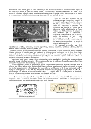 abandonarían como morada, pero no como santuarios; se han encontrado rituales de la cultura minoica implica la 
relación del toro (animal de gran carga sexual, erótica y fertilizadora) por noticias de los murales de Cnosos y de la 
leyenda de Minos y el Minotauro; en el embalsamamiento de los muertos utilizan la miel al tiempo que en los rituales 
de los muertos interviene la fermentación como proceso natural de renovación de la vida; 
- Posee una sólida base económica con una 
población densa (se calcula que la población de 
la isla en época de esplendor debía rondar entre 
400.000 y medio millón de habitantes) así 
como una agricultura y ganadería muy 
productivas (se calcula así mismo que el 
número de rebaños sólo de ovejas de Cnosos 
rondaría los 1000); asímismo el comercio se 
veía favorecido por la fabricación y 
exportación deproductos de lujo en oro (cf. 
lámina del pendiente de oro) y plata, 
cerámicas; poseía una gran flota, provocada 
por su situación insular, posición estratégica, 
sus productos manufacturados y su escasez de 
materias primas metálicas. 
- Su sociedad presentaba una fuerte 
especialización: escribas, carpinteros, pastores, agricultores, armeros, escultores, lapidarios, vidrieros, alfareros, 
orfebres, herreros, curtidores, tejedores, pintores, etc. 
- Liderazgo espiritual y material de una autoridad palaciega (que parecía recibir el nombre de Minos) que estaba 
obligada a renovar su mandato cada año mediante un casamiento-rejuvenecimiento con la Gran Diosa Madre 
representada en la gran sacerdotisa, celebración que sería sin duda de carácter neolítico y vestigio de una sociedad 
matriarcal; cada familia poseía una parcela de tierra que trabajaba para sí mismos y parece que la clase esclava o no 
existía o lo hacía en una proporción muy pequeña. 
- La paz reinante puede que sea la característica minoica más peculiar, pues les llevó a no fortificar sus asentamientos, 
ocupar las llanuras y los lugares abiertos y desprotegidos; no hay que atribuirla a su flota poderosa como hace Evans 
con su talasocracia; la flota era comercial y no guerrera. 
- La civilización minoica alcanzó tal esplendor que, gracias a sus contactos comerciales, pudieron exportar su modo de 
cultura a todo el Egeo: a lo largo del II milenio las Cícladas recibieron paulatinamente una fuerte influencia de Creta si 
bien no hay emplazamientos colonizadores, sólo comerciales, y paralelamente en la Grecia continental, donde se 
produjo un amplio proceso de unos 400 años denominado "minoización de los griegos" (llegados hacia el 2000 a. C.) y 
que daría lugar a la posterior civilización micénica (1600 a. C.). Después, hacia el 1400 los papeles se invirtieron y 
serán los griegos micénicos los que darán lugar a la "micenización de Creta". 
Poseían la escritura (tomada de otro pueblo o desarrollada en suelo propio), divisible ésta en tres etapas: 
jeroglífica, Lineal A y Lineal B (este último sistema sólo de época micénica y para anotar ya la lengua griega, es 
evolución del lineal A, que en opinión de algunos podría anotar el luvita). 
Tablilla escrita en lineal A 
Tablilla escrita en lineal B 
24 
 