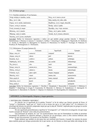 7.5. El léxico griego. 
7.5.1. Familias semánticas: El ser humano. 
Ἀνήρ, ἀνδρός ὁ: hombre, varón Νέος, -ου ὁ: nuevo, joven 
Βίος, -ου ὁ: vida Παῖς, παιδός ὁ/ἡ: niño, niña 
Γάμος, -ου ὁ: unión, matrimonio Παρθένος, -ου ἡ: virgen, doncella 
Γέρων, -οντος ὁ: anciano Πατήρ, -τρός ὁ: padre 
Γυνή, γυναικός ἡ: mujer Πρεσβύς, -έως: viejo, anciano 
Θάνατος, -ου ὁ: muerte Τόκος, -ου ὁ: parto, retoño 
Μήητηρ, -τρός ἡ: madre Τροφή, -ῆς ἡ: crianza, alimento 
Νεανίας, -ου ὁ: joven, muchacho 
Actividad: Define los helenismos siguientes e indica con qué palabra griega guardan relación: 1. Distocia 2. 
Gerontocracia 3. Patriarca 4. Gineceo 5. Geriatría 6. Anfibio 7. Ginecólogo 8. Pedagogía 9. Hipertrofia 10. Simbiosis 
11. Atrofia 12. Metrópolis 13. Monogamia 14. Tanatorio 15. Patronímico 16. Neófito 17. Tocología 18. Pederasta 19. 
Presbicia 20. Partenogénesis 21. Ninfomanía. 
7.5.2. Helenismos: El cuerpo humano (I). 
Étimo Formante Signifcado Ejemplo 
Σῶμα, -ατος τό -soma-to- corporal somatizar 
Δέρμα, -ατος τό -derm- piel dermis 
Κεφαλή, -ῆς ἡ -cefal-o- cabeza cefalalgia 
Ὀφθαλμός, -οῦ ὁ -oftalm- ojo, ocular oftalmólogo 
Ῥις, ῥινός ἡ -rin- nariz rinitis 
Στόμα, -ατος τό -estom-at-o- boca estomatología 
Ὀδούς, -όντος ὁ -odont-o- diente odontología 
Γλῶσσα, -ης ἡ -glos./-glot- lengua, lenguaje políglota 
Μαστός, -οῦ ὁ -mast- mama, teta mastectomía 
Χείρ, χειρός ἡ quir-o-/cir- mano, manual quirófano 
Δάκτυλος, -ου ὁ dactil- dedo artiodáctilo 
Πούς, ποδός ὁ pod- pie artrópodo 
Actividad: Define los helenismos siguientes: 1. Bicéfalo 2. Rinoplastia 3. Brauicéfalo 4. Estomatitis 5. Oftálmico 6. 
Epiglotis 7. Odontólogo 8. Cirugía 9. Cromosoma 10. Mastoides 11. Dérmico 12. Endodérmico 13. Quirógrafo 14. 
Paquidermo 15. Mastodonte 16. Dactilar 17. Diglosia 18. Podómetro 19. Dactilográfica 20. Endodoncia. 
APÉNDICE. La Historiografía: Orígenes y rasgos generales. 
1. HISTORIA DEL TÉRMINO “HISTORIA”. 
En relación con el significado de la palabra “historia” se ha de indicar que historíe procede de hístor, el 
“testigo” o, literalmente, “aquel que ve”: hístor es de la misma raíz que p. ej. latín uidere,“ver”: La referencia a la 
etimología del término nos permite comprender mejor por qué la idea de “historia” implicaba para los griegos la noción 
de autopsia, de ser testigo directo. 
De este significado primordial pasa a significar la “investigación” y el “relato de la investigación: de aquí surge 
nuestro concepto de “historia” como relato de acontecimientos. 
Esta pretensión de autopsia, de “ver” los acontecimientos, hace que los historiadores no duden en presentar 
(inventando las palabras) los supuestos diálogos y discursos de sus personajes, como si ellos mismos hubieran sido 
testigos de esas conversaciones: así sucede ya con Heródoto y Tucídides. 
Puede señalarse que también en este punto hay una similitud entre historia y leyenda: los cantores de poesía 
épica también pasan por testigos presenciales de lo que narran: así, de Homero se decía que había sido testigo de las 
89 
 