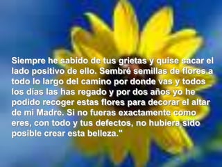 Siempre he sabido de tus grietas y quise sacar el lado positivo de ello. Sembré semillas de flores a todo lo largo del camino por donde vas y todos los días las has regado y por dos años yo he podido recoger estas flores para decorar el altar de mi Madre. Si no fueras exactamente como eres, con todo y tus defectos, no hubiera sido posible crear esta belleza."