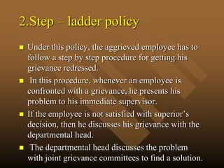 2.Step – ladder policy
 Under this policy, the aggrieved employee has to
follow a step by step procedure for getting his
grievance redressed.
 In this procedure, whenever an employee is
confronted with a grievance, he presents his
problem to his immediate supervisor.
 If the employee is not satisfied with superior’s
decision, then he discusses his grievance with the
departmental head.
 The departmental head discusses the problem
with joint grievance committees to find a solution.
 