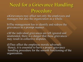 Need for a Grievance Handling
Procedure
a)Grievances may affect not only the employees and
managers but also the organization as a whole.
b)The management has to identify and redress the
grievances in a prompt manner.
c)If the individual grievances are left ignored and
unattended, there is a danger that these grievances
may result in collective disputes.
d)They affect the employee morale adversely.
Hence, it is essential to have a proper grievance
handling procedure for the smooth functioning of the
organization.
 