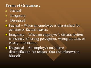 Forms of Grievance :
a. Factual
b. Imaginary
c. Disguised
 Factual – When an employee is dissatisfied for
genuine or factual reason.
 Imaginary – When an employee’s dissatisfaction
is because of wrong perception, wrong attitude, or
wrong information.
 Disguised – An employee may have
dissatisfaction for reasons that are unknown to
himself.
 