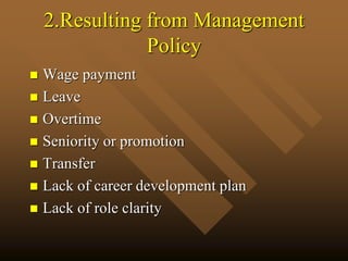 2.Resulting from Management
Policy
 Wage payment
 Leave
 Overtime
 Seniority or promotion
 Transfer
 Lack of career development plan
 Lack of role clarity
 
