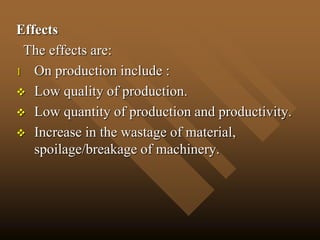 Effects
The effects are:
1 On production include :
 Low quality of production.
 Low quantity of production and productivity.
 Increase in the wastage of material,
spoilage/breakage of machinery.
 