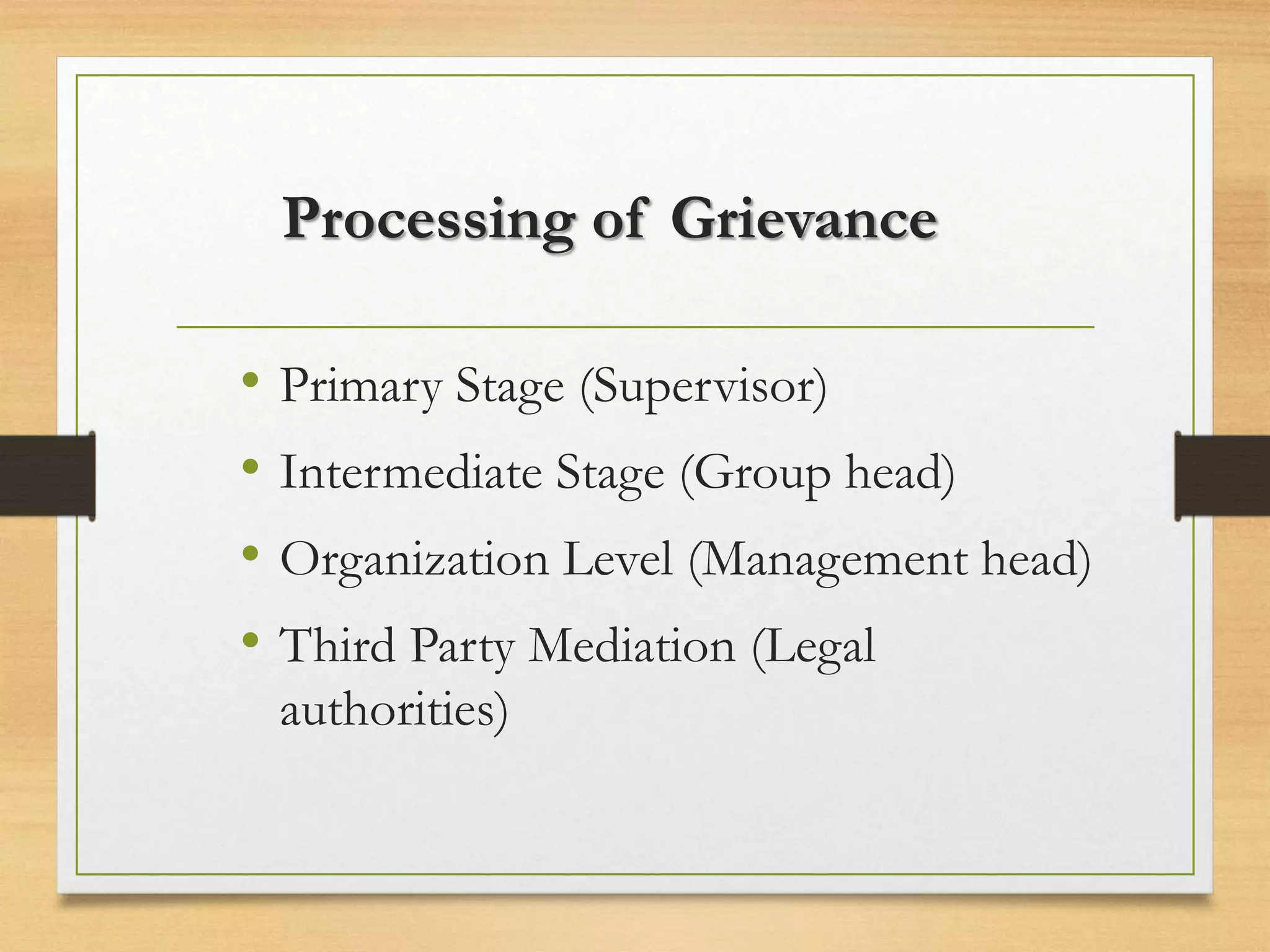 Processing of Grievance
• Primary Stage (Supervisor)
• Intermediate Stage (Group head)
• Organization Level (Management head)
• Third Party Mediation (Legal
authorities)
 