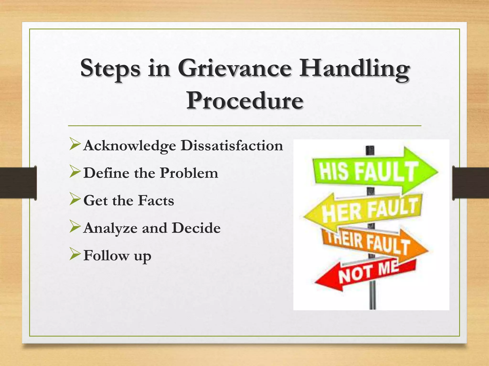 Steps in Grievance Handling
Procedure
Acknowledge Dissatisfaction
Define the Problem
Get the Facts
Analyze and Decide
Follow up
 