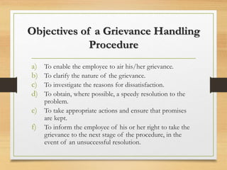 Objectives of a Grievance Handling
Procedure
a) To enable the employee to air his/her grievance.
b) To clarify the nature of the grievance.
c) To investigate the reasons for dissatisfaction.
d) To obtain, where possible, a speedy resolution to the
problem.
e) To take appropriate actions and ensure that promises
are kept.
f) To inform the employee of his or her right to take the
grievance to the next stage of the procedure, in the
event of an unsuccessful resolution.
 