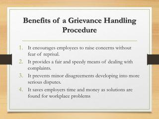 Benefits of a Grievance Handling
Procedure
1. It encourages employees to raise concerns without
fear of reprisal.
2. It provides a fair and speedy means of dealing with
complaints.
3. It prevents minor disagreements developing into more
serious disputes.
4. It saves employers time and money as solutions are
found for workplace problems
 