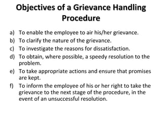 Objectives of a Grievance HandlingObjectives of a Grievance Handling
ProcedureProcedure
a) To enable the employee to air h...