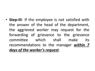 • Step-III- If the employee is not satisfied with
the answer of the head of the department,
the aggrieved worker may request for the
forwarding of grievance to the grievance
committee which shall make its
recommendations to the manager within 7
days of the worker's request.
 
