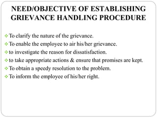 NEED/OBJECTIVE OF ESTABLISHING
GRIEVANCE HANDLING PROCEDURE
To clarify the nature of the grievance.
To enable the employee to air his/her grievance.
to investigate the reason for dissatisfaction.
to take appropriate actions & ensure that promises are kept.
To obtain a speedy resolution to the problem.
To inform the employee of his/her right.
 