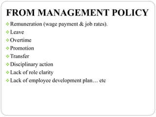 FROM MANAGEMENT POLICY
Remuneration (wage payment & job rates).
Leave
Overtime
Promotion
Transfer
Disciplinary actio...