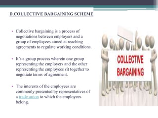 D.COLLECTIVE BARGAINING SCHEME 
• Collective bargaining is a process of 
negotiations between employers and a 
group of employees aimed at reaching 
agreements to regulate working conditions. 
• It’s a group process wherein one group 
representing the employers and the other 
representing the employees sit together to 
negotiate terms of agreement. 
• The interests of the employees are 
commonly presented by representatives of 
a trade union to which the employees 
belong. 
 