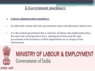 2.Government machinery 
A. Labour administration machinery 
• In india both central and state governments enact and administer labour laws. 
• It is the central government that is ministry of labour and employment plays 
the main role in laying down laws, making provisions and the state 
government with assistance of their departments are in charge of law 
enforcement. 
 