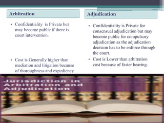 Arbitration Adjudication 
• Confidentiality is Private but 
may become public if there is 
court intervention. 
• Cost is Generally higher than 
mediation and litigation because 
of thoroughness and expediency. 
• Confidentiality is Private for 
consensual adjudication but may 
become public for compulsory 
adjudication as the adjudication 
decision has to be enforce through 
the court. 
• Cost is Lower than arbitration 
cost because of faster hearing. 
 