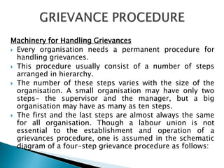 Machinery for Handling Grievances
 Every organisation needs a permanent procedure for
handling grievances.
 This procedure usually consist of a number of steps
arranged in hierarchy.
 The number of these steps varies with the size of the
organisation. A small organisation may have only two
steps- the supervisor and the manager, but a big
organisation may have as many as ten steps.
 The first and the last steps are almost always the same
for all organisation. Though a labour union is not
essential to the establishment and operation of a
grievances procedure, one is assumed in the schematic
diagram of a four-step grievance procedure as follows:
 