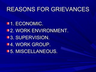 REASONS FOR GRIEVANCESREASONS FOR GRIEVANCES
1. ECONOMIC.1. ECONOMIC.
2. WORK ENVIRONMENT.2. WORK ENVIRONMENT.
3. SUPERVISION.3. SUPERVISION.
4. WORK GROUP.4. WORK GROUP.
5. MISCELLANEOUS5. MISCELLANEOUS..
 