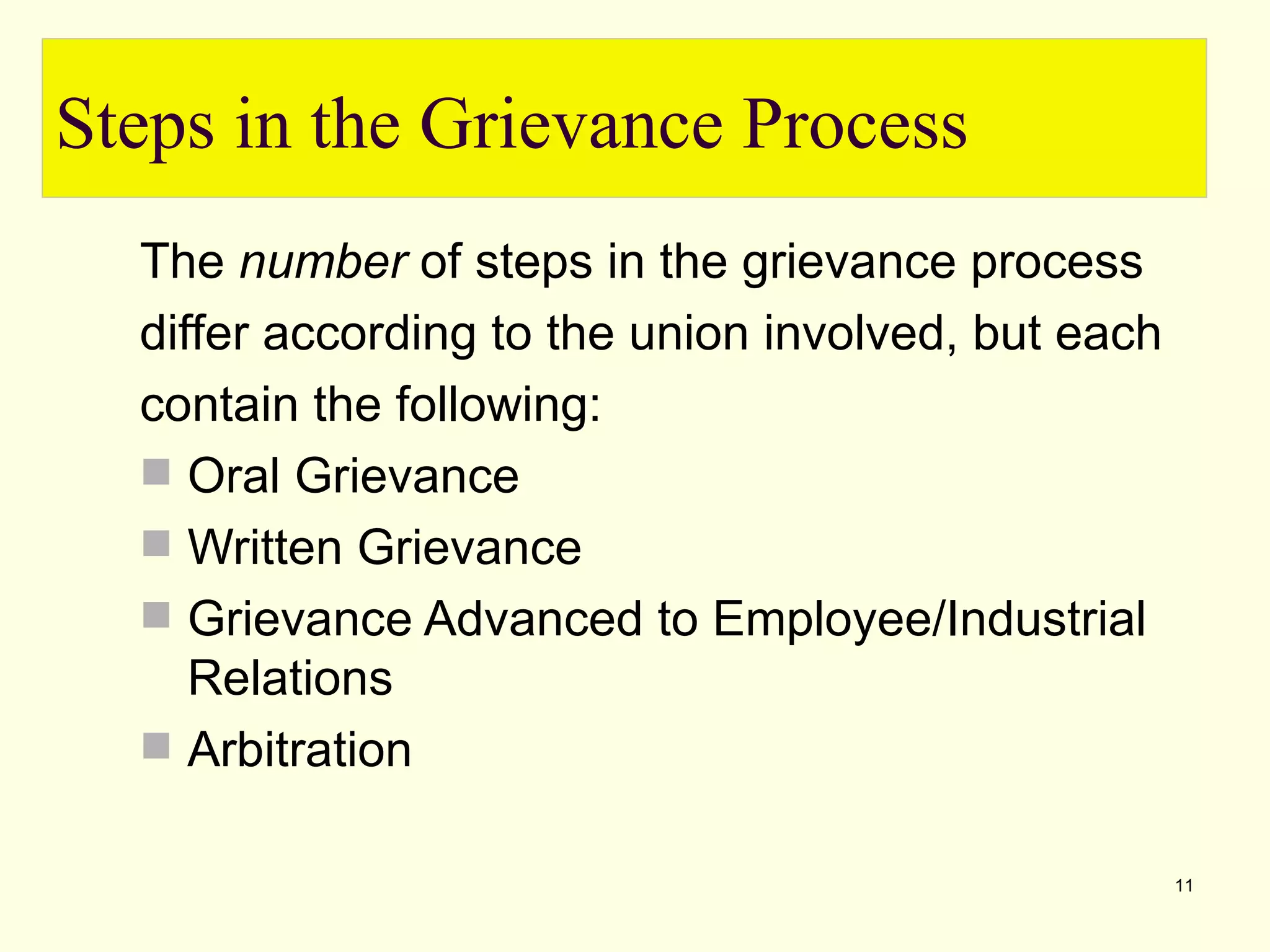 Steps in the Grievance Process
  The number of steps in the grievance process
  differ according to the union involved, but each
  contain the following:
   Oral Grievance
   Written Grievance
   Grievance Advanced to Employee/Industrial
     Relations
   Arbitration

                                                     11
 