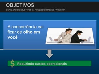 OBJETIVOSQUAIS SÃO OS OBJETIVOS DA PROWEB COM ESSE PROJETO?Cria novas oportunidades;Transmitir a imagem e valores da empresa; Estreitar o relacionamento com seus clientes; Facilitar e agilizar os processos de troca de informações entre empresa/cliente ;A concorrênciavaificar de olhoemvocê.$Reduzindo custos operacionais 