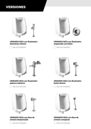 VERSIONES
URINARIO NIZA con fluxómetro
electrónico directo
CÓD: 4221SV64Z021
URINARIO NIZA con fluxómetro
palanca indirecta
CÓD: 4221SV61Z021
URINARIO NIZA con llave de
urinario temporizada
CÓD: 4221SV63Z021
URINARIO NIZA con fluxómetro
empotrado con botón
CÓD: 4221SV65Z021
URINARIO NIZA con fluxómetro
botón directo
CÓD: 4221SV66Z021
URINARIO NIZA con llave de
urinario compacta
CÓD: 4221SV62Z021
 