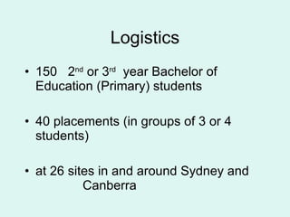 Logistics 150  2 nd  or 3 rd   year Bachelor of Education (Primary) students 40 placements (in groups of 3 or 4 students) at 26 sites in and around Sydney and  Canberra 