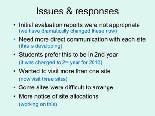 Issues & responses Initial evaluation reports were not appropriate  (we have dramatically changed these now) Need more direct communication with each site  (this is developing) Students prefer this to be in 2nd year  (it was changed to 2 nd  year for 2010) Wanted to visit more than one site  (now visit three sites) Some sites were difficult to arrange More notice of site allocations  (working on this) 