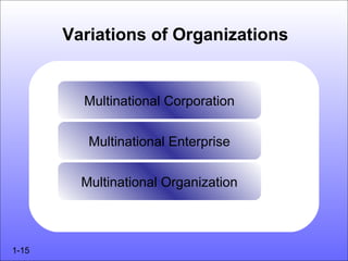 Variations of Organizations


         Multinational Corporation


          Multinational Enterprise


         Multinational Organization



1-15
 