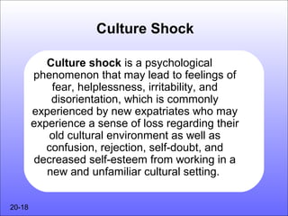 Culture Shock

           Culture shock is a psychological
        phenomenon that may lead to feelings of
            fear, helplessness, irritability, and
            disorientation, which is commonly
        experienced by new expatriates who may
        experience a sense of loss regarding their
            old cultural environment as well as
           confusion, rejection, self-doubt, and
        decreased self-esteem from working in a
           new and unfamiliar cultural setting.


20-18
 