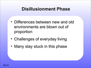 Disillusionment Phase

        • Differences between new and old
          environments are blown out of
          proportion
        • Challenges of everyday living
        • Many stay stuck in this phase



20-21
 