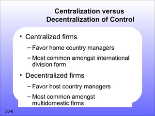 Centralization versus
               Decentralization of Control

       • Centralized firms
         – Favor home country managers
         – Most common amongst international
           division form
       • Decentralized firms
         – Favor host country managers
         – Most common amongst
           multidomestic firms
20-9
 