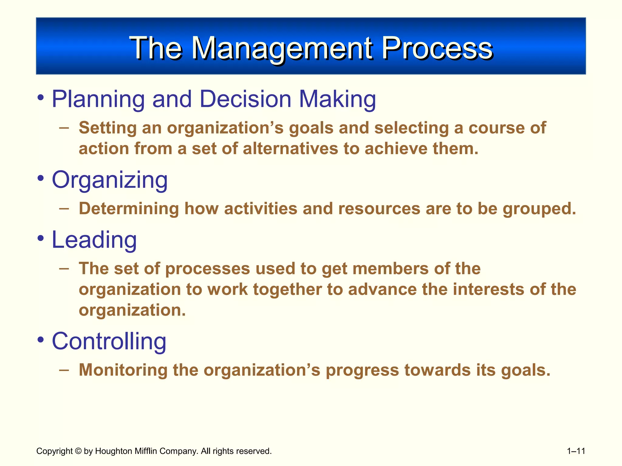 Copyright © by Houghton Mifflin Company. All rights reserved. 1–11
The Management ProcessThe Management Process
• Planning and Decision Making
– Setting an organization’s goals and selecting a course of
action from a set of alternatives to achieve them.
• Organizing
– Determining how activities and resources are to be grouped.
• Leading
– The set of processes used to get members of the
organization to work together to advance the interests of the
organization.
• Controlling
– Monitoring the organization’s progress towards its goals.
 