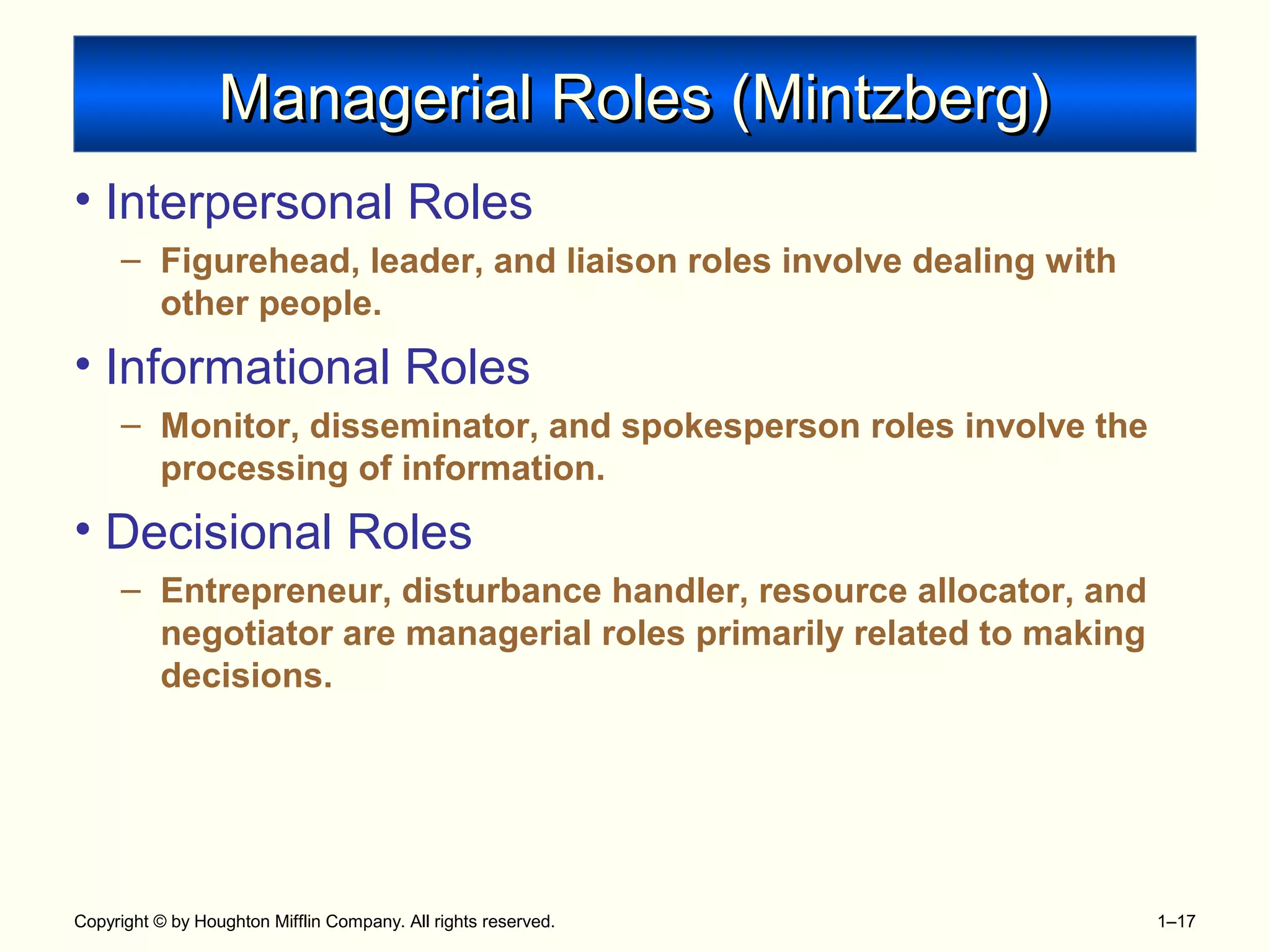 Copyright © by Houghton Mifflin Company. All rights reserved. 1–17
Managerial Roles (Mintzberg)Managerial Roles (Mintzberg)
• Interpersonal Roles
– Figurehead, leader, and liaison roles involve dealing with
other people.
• Informational Roles
– Monitor, disseminator, and spokesperson roles involve the
processing of information.
• Decisional Roles
– Entrepreneur, disturbance handler, resource allocator, and
negotiator are managerial roles primarily related to making
decisions.
 