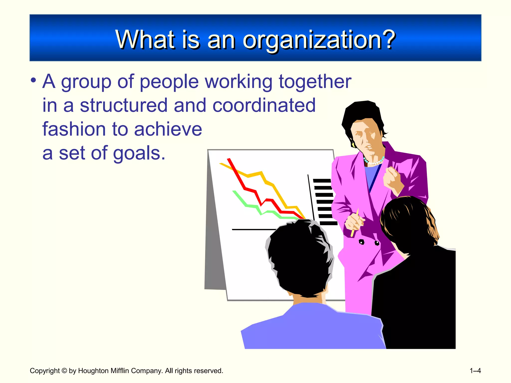 Copyright © by Houghton Mifflin Company. All rights reserved. 1–4
What is an organization?What is an organization?
• A group of people working together
in a structured and coordinated
fashion to achieve
a set of goals.
 
