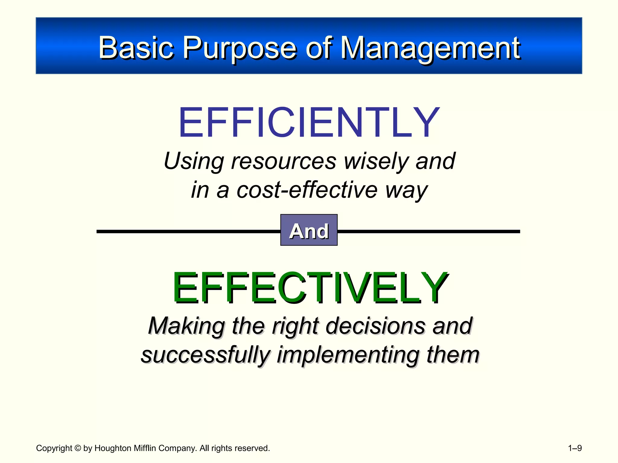 Copyright © by Houghton Mifflin Company. All rights reserved. 1–9
Basic Purpose of ManagementBasic Purpose of Management
EFFICIENTLY
Using resources wisely and
in a cost-effective way
EFFECTIVELYEFFECTIVELY
Making the right decisions andMaking the right decisions and
successfully implementing themsuccessfully implementing them
AndAnd
 