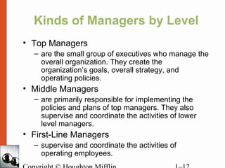 Kinds of Managers by Level
• Top Managers
– are the small group of executives who manage the
overall organization. They create the
organization’s goals, overall strategy, and
operating policies.
• Middle Managers
– are primarily responsible for implementing the
policies and plans of top managers. They also
supervise and coordinate the activities of lower
level managers.
• First-Line Managers
– supervise and coordinate the activities of
operating employees.
 