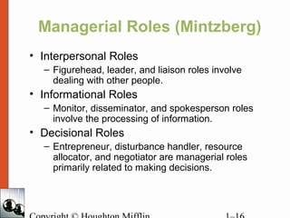 Managerial Roles (Mintzberg)
• Interpersonal Roles
– Figurehead, leader, and liaison roles involve
dealing with other people.
• Informational Roles
– Monitor, disseminator, and spokesperson roles
involve the processing of information.
• Decisional Roles
– Entrepreneur, disturbance handler, resource
allocator, and negotiator are managerial roles
primarily related to making decisions.
 