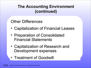The Accounting Environment
                                 (continued)

          Other Differences
          • Capitalization of Financial Leases
          • Preparation of Consolidated
            Financial Statements
          • Capitalization of Research and
            Development expenses
          • Treatment of Goodwill
3-24   Copyright 2010 Pearson Education, Inc. publishing as Prentice Hall
 