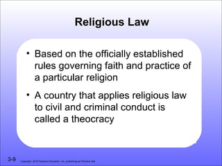 Religious Law

          • Based on the officially established
            rules governing faith and practice of
            a particular religion
          • A country that applies religious law
            to civil and criminal conduct is
            called a theocracy


3-9   Copyright 2010 Pearson Education, Inc. publishing as Prentice Hall
 