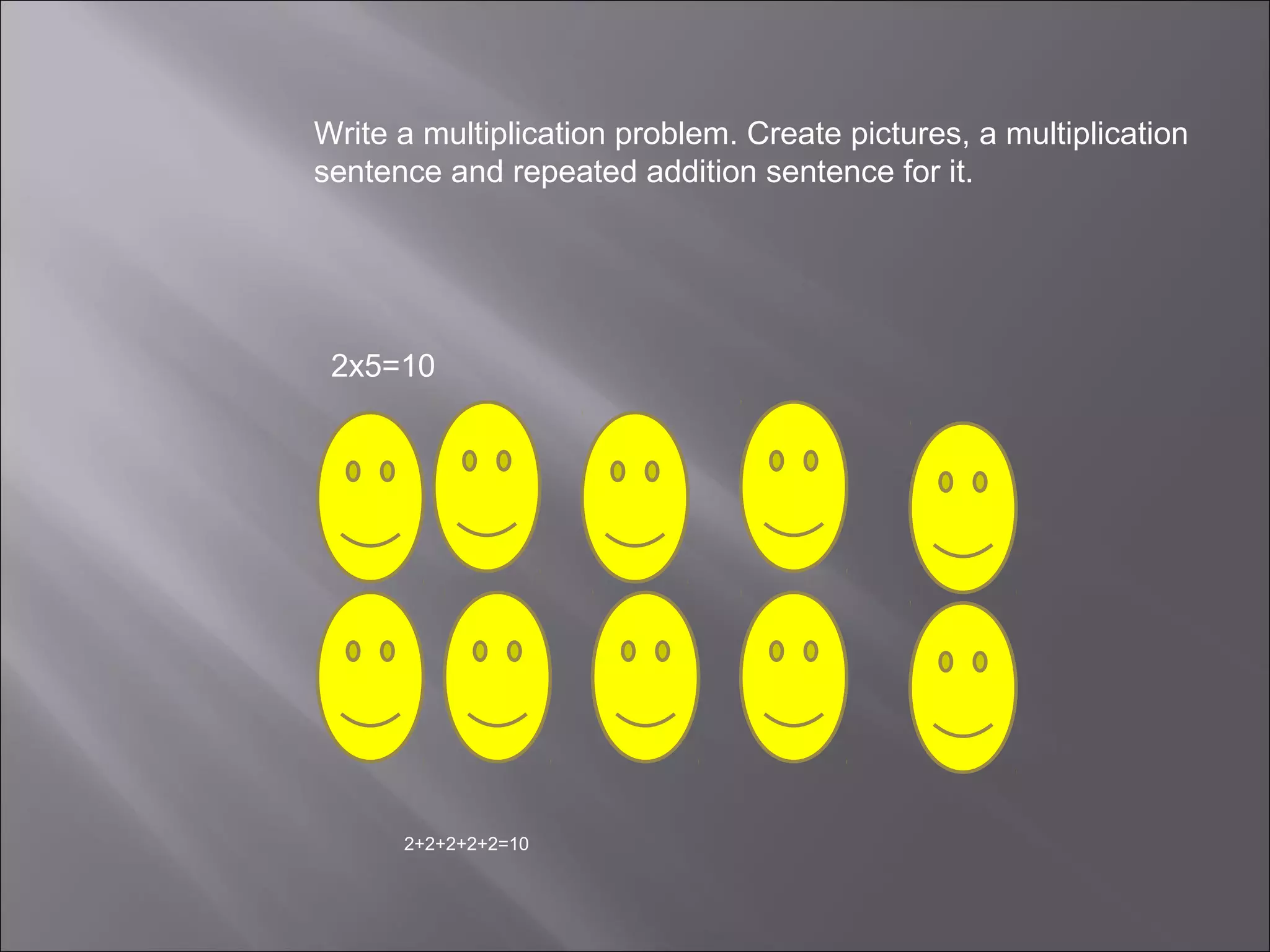 Write a multiplication problem. Create pictures, a multiplication
sentence and repeated addition sentence for it.




 2x5=10




      2+2+2+2+2=10
 