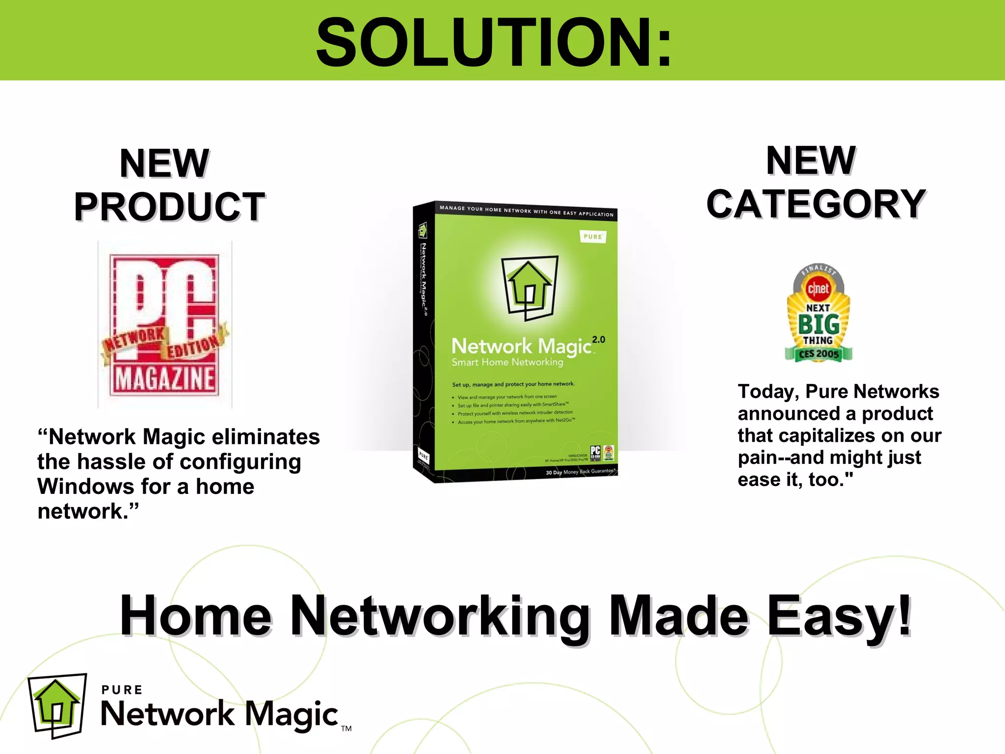 SOLUTION:  Home Networking Made Easy!  NEW  PRODUCT “ Network Magic eliminates the hassle of configuring Windows for a home network.” NEW  CATEGORY Today, Pure Networks announced a product that capitalizes on our pain--and might just ease it, too.&quot;  