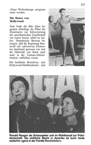 233
»Neue Weltordnung« program-
miert werden.

Die Roten von
Hollywood
Zum Ende der 40er Jahre be-
gannen allerdings die Pläne der
Illuminaten zur Subversierung
der amerikanischen Gesellschaft
von innen heraus schief zu lau-
fen. Dramatische Beweise be-
zeugen, daß die Regierung Roo-
sevelt mit subversiven Elemen-
ten durchsetzt gewesen war und
die Mehrzahl von ihnen auch
noch in der Truman-Admini-
stration verblieben waren.
Der berühmte Broadway- und
Hollywood-Drehbuchautor und




Ronald Reagan als Schauspieler und im Wahlkampf zur Präsi-
dentschaft. Die wirkliche Macht in Amerika ist auch heute
weiterhin »ganz in der Familie Rockefeiler«.
 