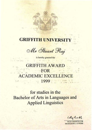 . !                    ' •."




                  GRIFFITH UNIVERSITY                                                    ~..
                                                                                                                                                                               7"
                                                                                                                                                                               .            .
                                                                                                                                   ;~           .,                        ..   ~.-.




    "
                                                    is hereby granted t~e.                                                                                                 .
'. .. _.    r~...':.:~;                                        ...   -   '   .. ,"             ~                                                       ....   ~    ...)        ~        -.       -
                                                     ., , I..;                            __                                                                                       :,        ..

    , '. _                       GRIFFITH ,AWARD " .
-       ;
            ~   ••: r
                .-':,' :
                               ~ ~',
                                 ..... .
                                                """FOlt ".. "".' ::
                                              ' . '                                                               ..   ~   .... ,,-.                   -
                                                                                                                                                                                        .~ ~
                                                                                                                                                                                                     .

                  ACADEMIC EXCE'LLENCE
            :..'".       1999"" :., .:. E;r,' .~ 1  ••   ~.~                         •             . ; : . ",:.            I   ~        '.":t   ~...               ;'1 1          ~.        •   I




             for studies in the .                    .

     Bachelor of Arts in Languages and
           Applied Linguistics
                    •   ....     :'7       ~':. ~   .
 