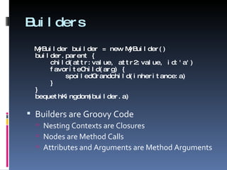 Builders MyBuilder builder = new MyBuilder() builder.parent {   child(attr:value, attr2:value, id:'a')   favoriteChild(arg) {   spoiledGrandchild(inheritance:a)   } } bequethKingdom(builder.a) Builders are Groovy Code Nesting Contexts are Closures Nodes are Method Calls Attributes and Arguments are Method Arguments 