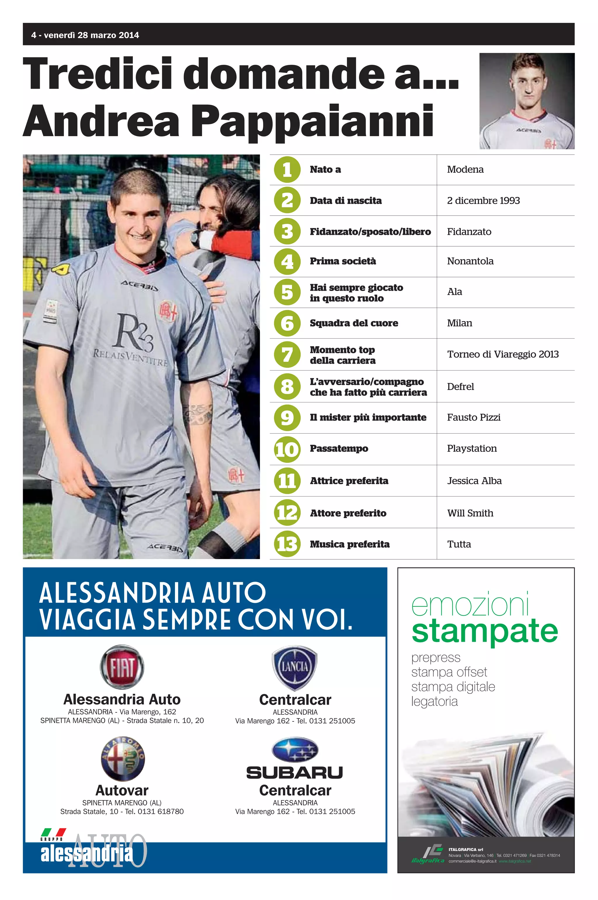 venerdì 28 marzo 2014 - 3
Mantova, vietato sbagliare
Localeperaddio
al celibato e feste
dicompleanno
LIMOUSINE
ADISPOSIZIONE
DEI CLIENTI
033*0 %-- 
 */ 10*
135* % .3$0-%Š  4#50
CERCA SU FACEBOOK
La Villa lap dance
www.facebook.com/groups/366328979134
5PSUPOB  44   4UBUBMF QFS 7PHIFSB 
5FM F 'BY    $FMM  
I precedenti
tra Alessandria-Mantova
__Il bilancio degli ultimi 5 precedenti tra Ales-
sandria e Mantova recita 2 vittorie per i pa-
droni di casa, 2 pareggi e una vittoria virgilia-
na. Il primo successo Grigio è datato 29 no-
vembre 1998: la doppietta di Gasparini (59’ e
73’) e il goal di Romairone regalano un roton-
do 3-0 per i ragazzi allenati allora da Claudio
Maselli. L’altra vittoria alessandrina è più re-
cente: lo scorso campionato, il 5 maggio
2013, Ferretti firma l’1-0 per Cammaroto e
compagni. Le due compagini si spartiscono
la posta in gioco il 26 ottobre 2011: apre le
marcature Zaninelli al 34’, impatta Menassi
al 63’. Pareggio, a reti inviolate, invece il 20
febbraio 2000. Il successo mantovano risale
al 13 aprile 2003, quando la rete di Graziani
al 34’ consegna la vittoria ai biancorossi.
Domenica scorsa
__Mantova-Monza 0-1 (0-0) marcatore Zullo al 51'
Mantova (4-3-3): Festa; Cardin Bini Vecchi Donazzan; Spina-
le (81' Fioretti) Quadri (60' Fortunato) Uliano; De Respinis
(60' Zanetti) Masini Floriano. A disp. Bavena Creati Rickler
Cavagna All. C. Sabatini. Monza: (4-2-3-1): Castelli; Franchino
Zullo Polenghi Anghileri; Bianchi Valagussa; Vita Gasbarroni
(81' Sinigaglia) Finotto (92' Said); De Cenco (64' Galimberti).
A disp. Chimini Grauso Santonocito Candido All. A. Asta.
Arbitro sig. Ros di Pordenone
Tino Pastorino
N
asce nel 1911 uno dei club pro-
vinciali con maggior tradizione
nel panorama calcistico nazio-
nale. Sono 12 le partecipazioni
alla massima serie, caratterizzate dagli e-
xploit degli anni 60 sotto la guida del pre-
sidente Nuvolari che porta a Mantova i
primi calciatori stranieri. Ma andiamo
con ordine: la prima vera svolta è nel 1956
con la sponsorizzazione della raffineria
petrolifera Ozo. Mutano i colori sociali
da azzurro a biancorosso (i colori della
raffineria) con la divisa ridisegnata nella
allora originalissima maglia bianca con
banda trasversale rossa. La serie A è rag-
giunta nel 1961: campagna acquisti sun-
tuosa con Angelo Sormani, il tedesco Al-
lemann, il carioca Nelsinho. Nono posto
finale, miglior piazzamento di sempre.
L'anno successivo Schnellinger e l'emer-
gente Dino Zoff sono i protagonisti della
salvezza; quindi altalena di promozioni e
retrocessioni. Da ricordare il 1 giugno
1967, quando il Mantova batte l'Inter (re-
duce dalla finale di Coppa Campioni) al-
l'ultima giornata, consegnando lo scudet-
to alla Juventus. Dopo la rapida scalata
alla serie A altrettanto rapida è la caduta
che nel 1973 significa serie C e passeran-
no 32 anni prima della nuova rinascita.
Dopo un primo fallimento (1983), il Man-
tova staziona tra serie C1 e C2, alternando
in panchina tecnici come Corso, Ghio, Pe-
lagalli, Tomeazzi. Nell'estate 1994 il Man-
tova è retrocesso in C2 a tavolino per ir-
regolarità nell'iscrizione al campionato
(di questo fatto beneficia anche l'Alessan-
dria che - retrocessa ai play out - è ripe-
scata). Senza dirigenza, la società è rele-
gata alle serie dilettantistiche, ripartendo
dal campionato di Promozione con la de-
nominazione di Mantova Calcio 1994.
Dopo 3 anni il ritorno tra i professionisti
ma si deve attendere l'avvento di Fabrizio
Lori, industriale delle materie plastiche,
per tornare a sognare in grande. Con
Mimmo Di Carlo in panchina ecco il ri-
torno in serie B e l'anno successivo si ac-
carezza il sogno della massima serie ma i
play off sono vinti dal Torino. Nel 2010
nuovo crack finanziario: debiti societari
per circa 9 milioni non consentono al so-
dalizio biancorosso, appena retrocesso in
Lega Pro, l'iscrizione al campionato dopo
soli 16 anni dalla rifondazione. Tra i Di-
lettanti la squadra (Mantova Football
Club) è subito competitiva con la presen-
za di elementi come Gabriele Graziani,
Manuel Spinale e il portiere Bellodi. Il ri-
torno in Lega Pro coincide con il cente-
nario della fondazione. Il resto è storia
recente: i play out del 2012 vinti a spese di
Lecco e Vibonese; il nono posto dello
scorso anno.
La stagione in corso
Con 45 punti il Mantova è settimo in clas-
sifica con 11 vittorie, 12 pareggi, 6 scon-
fitte; 52 gol segnati (miglior attacco del
girone con il Bassano), 41 le reti subite. In
trasferta 5 vittorie (Bra, Monza, Bellaria,
Castiglione, Porto Tolle), 7 pari e 2 sole
sconfitte (Vicenza a settembre e Bassano
a febbraio). Blando il mercato di gennaio
con tre arrivi, uno per reparto: il difen-
sore Donazzan, il centrocampista Uliano
e la punta Fioretti. Ceduti Cocci (c) e Al-
berti (a).
La squadra
Michele Lodi è il Presidente; Pasquale
Sensibile il Direttore Sportivo, ex capo
degli osservatori della Juventus poi diret-
tore al Palermo, al Novara e alla Sampdo-
ria. In panchina Carlo Sabatini, perugino,
classe 1960, ha sostituito a fine ottobre
Antonio Sala. Vanta esperienze in serie B
a Padova e in Prima Divisione a Frosino-
ne e Carrara. E' fratello di Walter Saba-
tini, Direttore Sportivo della Roma. Il mo-
dello tattico adottato è il 4-3-3. La pro-
babile formazione: in porta Marco Festa
(92) rientrato dal prestito al Portogruaro.
Al centro della difesa rientra dalla squa-
lifica Samuele Olivi (80) ex Grosseto; gli
esterni potrebbero essere Denny Cardin
(88) ex Carpi a destra e l'esperto Nicola
Donazzan (85) ex Sassuolo e reduce dalla
serie A rumena a sinistra. Ballottaggio
Rickler (87), Vecchi (91) e Bini (89) per il
ruolo di secondo centrale. Infortunato
Pondaco, saranno Baltieri ((93) e Creati
(88) a completare il reparto. Si ricompone
il centrocampo con i rientri di Cris Gilioli
(82) ex Modena e Reggiana e Giorgio
Schiavini (90) ex Feralpi, appiedati per
un turno dal Giudice Sportivo. Ballottag-
gio tra capitan Spinale (78) e Francesco
Uliano (89) ex Catanzaro e Sud Tirol per
la terza maglia. Quadri (83), Fortunato
(90) e Severino (92) completano i ranghi.
In attacco la coppia gol formata da Ro-
berto Floriano (86) , ex di turno e Simone
Masini (84) ex Catanzaro, 17 gol il primo,
12 il secondo. In tre a contendersi una
maglia tra Zanetti (86) ex Renate, De Re-
spinis (93), 6 gol in stagione e Cavagna
(84). A disposizione Fioretti (90) e Rivi
(94).
 