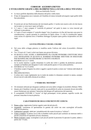 CORSO DI AGGIORNAMENTO
L’EVOLUZIONE GRAFICA DEL BAMBINO NELLA SCUOLA DELL’INFANZIA
Dott.ssa Gabriella Trevisi
• Le tracce grafiche dipendono dalla dinamica del polso e della mano;
• Il tipo di impugnatura non è naturale ed il bambino di stanca tornando ad eseguire segni grafici della
fase precedente;
• Si assiste poi ad una finalizzazione dei movimenti grafici. L’occhio non osserva solo ciò che traccia
ma la mano va verso nuovi spazi sul foglio;
• A 3 anni e 7 mesi compare il “controllo di partenza” nel quale la mano va verso tracciati già
effettuati in precedenza;
• A 3 anni e 8 mesi compare il “controllo doppio” dove la partenza e la fine del tracciato sono presi in
considerazione e questo permette la costruzione di figure chiuse. A volte lo scarabocchio appare
come azione di copertura dove il bambino distrugge la propria opera grafica ricoprendola con altri
segni.
LO SVILUPPO DELL’USO DEL COLORE
• Nel corso dello sviluppo pittorico si modifica anche l’utilizzo del colore (Lowenfeld e Brittain
1960);
• Tra i 18 mesi ed i 3 anni i colori non hanno una grossa rilevanza;
• IN QUESTA FASE AVERE A DISPOSIZIONE Più COLORI POTREBBE COSTITUIRE SOLO
UNA DISTRAZIONE IN QUANTO IL BAMBINO POTREBBE SMETTERE DI DISEGNARE
PER MANIPOLARE ED ESPLORARE LE MATITE COLORATE
• INTORNO AI 4 A I 7 ANNI:
- tra la scuola materna e quella elementare la scelta dei colori è guidata da preferenze personali,
esempio un bambino può disegnare il cielo verde perché questo è il suo colore preferito;
• INTORNO AI 7 E I 9 ANNI:
- il bambino scopre il legame tra colori e oggetti e questo lo porta a creare uno “schema individuale di
colore”;
• PREADOLESCENZA:
- il colore non è usato rigidamente ma in modo da rendere le sfumature esistenti in natura, esempio
diversi toni di verde della chioma di un albero.
I “FERRI DEL MESTIERE”
• Gli strumenti utilizzati per disegnare cambiano nel corso dello sviluppo (Lowenfeld e Brittain 1960);
• Quanto più il bambino è piccolo, tanto più la sua possibilità di scelta tra strumenti diversi dovrebbe
essere limitata per non spostare l’attenzione dal disegno all’esplorazione del materiale;
• È consigliabile EVITARE il “riciclo” di fogli prestampati; riviste patinate; superfici ruvide che
possono ostacolare la traccia pittorica.
CARATTERISTICHE DEGLI STRUMENTI PIÙ COMUNI:
 Penne a sfera: rappresenta il primo oggetto usato dai più piccoli;
 Acquarelli: consentono di sperimentare la gamma dei colori ma sono sconsigliati all’esordio
dell’attività pittorica;
 Carboncino e gessetti: adatti per i preadolescenti che usano la tecnica a “schizzo”;
 Colori a tempera: la pittura con le dita in bambini molto piccoli può costituire un interesse tattile e
perché consentono di riprodurre diverse sfumature;
 Matite (colorate e non): sconsigliate ai più piccoli perché la pressione fa spezzare le punte; adatte a
partire dai 7-8 anni;
3
 