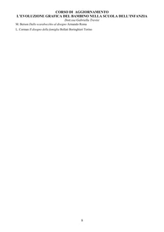 CORSO DI AGGIORNAMENTO
L’EVOLUZIONE GRAFICA DEL BAMBINO NELLA SCUOLA DELL’INFANZIA
Dott.ssa Gabriella Trevisi
M. Berson Dallo scarabocchio al disegno Armando Roma
L. Corman Il disegno della famiglia Bollati Boringhieri Torino
8
 