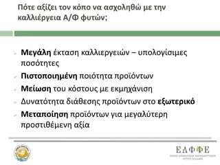 Πότε αξίζει τον κόπο να ασχοληθώ με την
καλλιέργεια Α/Φ φυτών;
 Μεγάλη έκταση καλλιεργειών – υπολογίσιμες
ποσότητες
 Πιστοποιημένη ποιότητα προϊόντων
 Μείωση του κόστους με εκμηχάνιση
 Δυνατότητα διάθεσης προϊόντων στο εξωτερικό
 Μεταποίηση προϊόντων για μεγαλύτερη
προστιθέμενη αξία
 