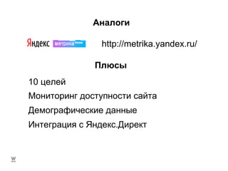 Аналоги http://metrika.yandex.ru/ Плюсы 10 целей Мониторинг доступности сайта Демографические данные Интеграция с Яндекс.Директ 