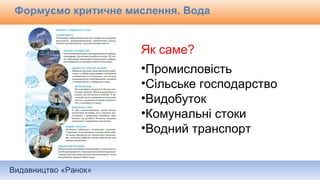 Видавництво «Ранок»
Формуємо критичне мислення. Вода
Як саме?
•Промисловість
•Сільське господарство
•Видобуток
•Комунальні стоки
•Водний транспорт
 